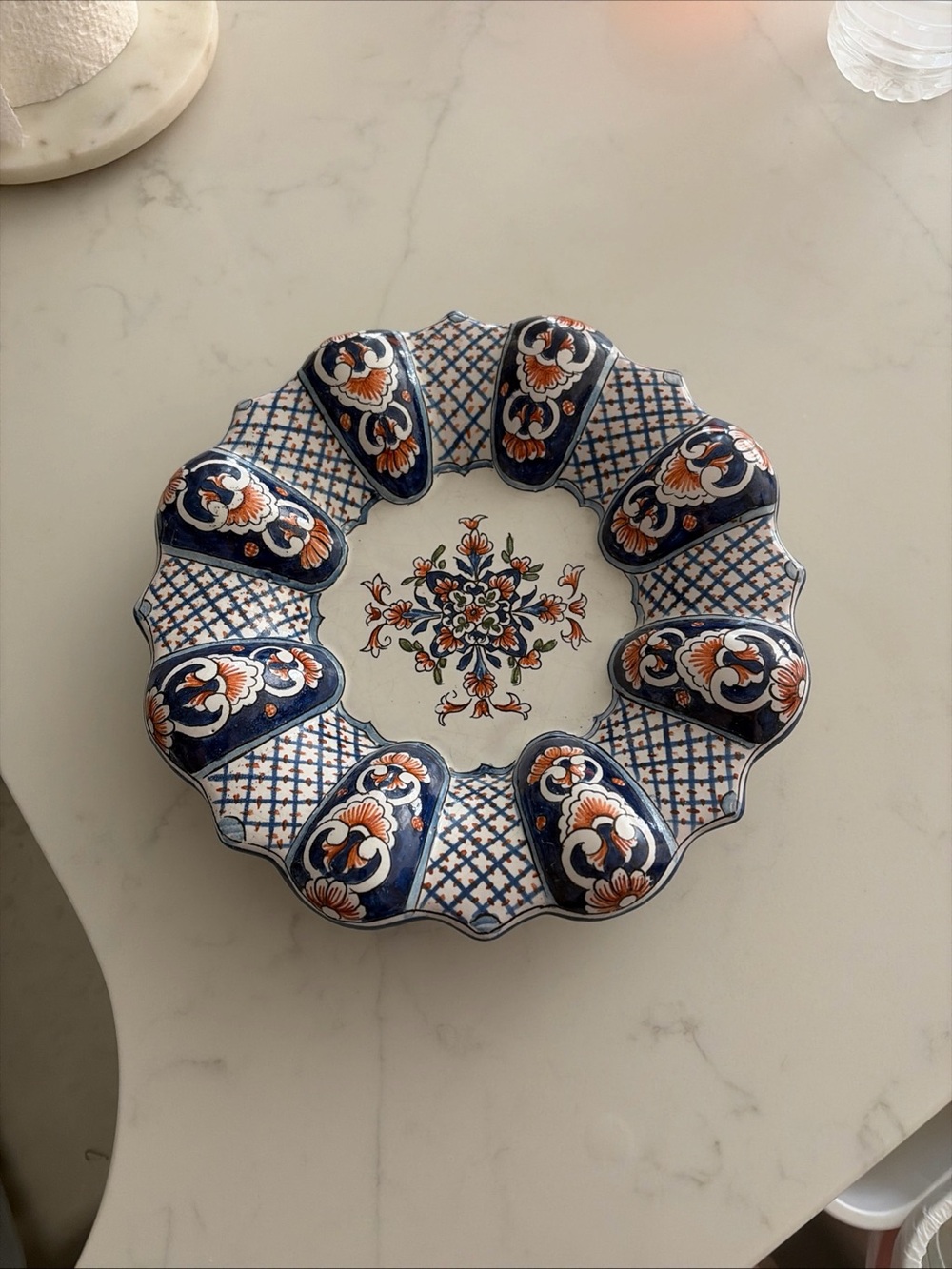 Antique Blue & Orange Scalloped Dish